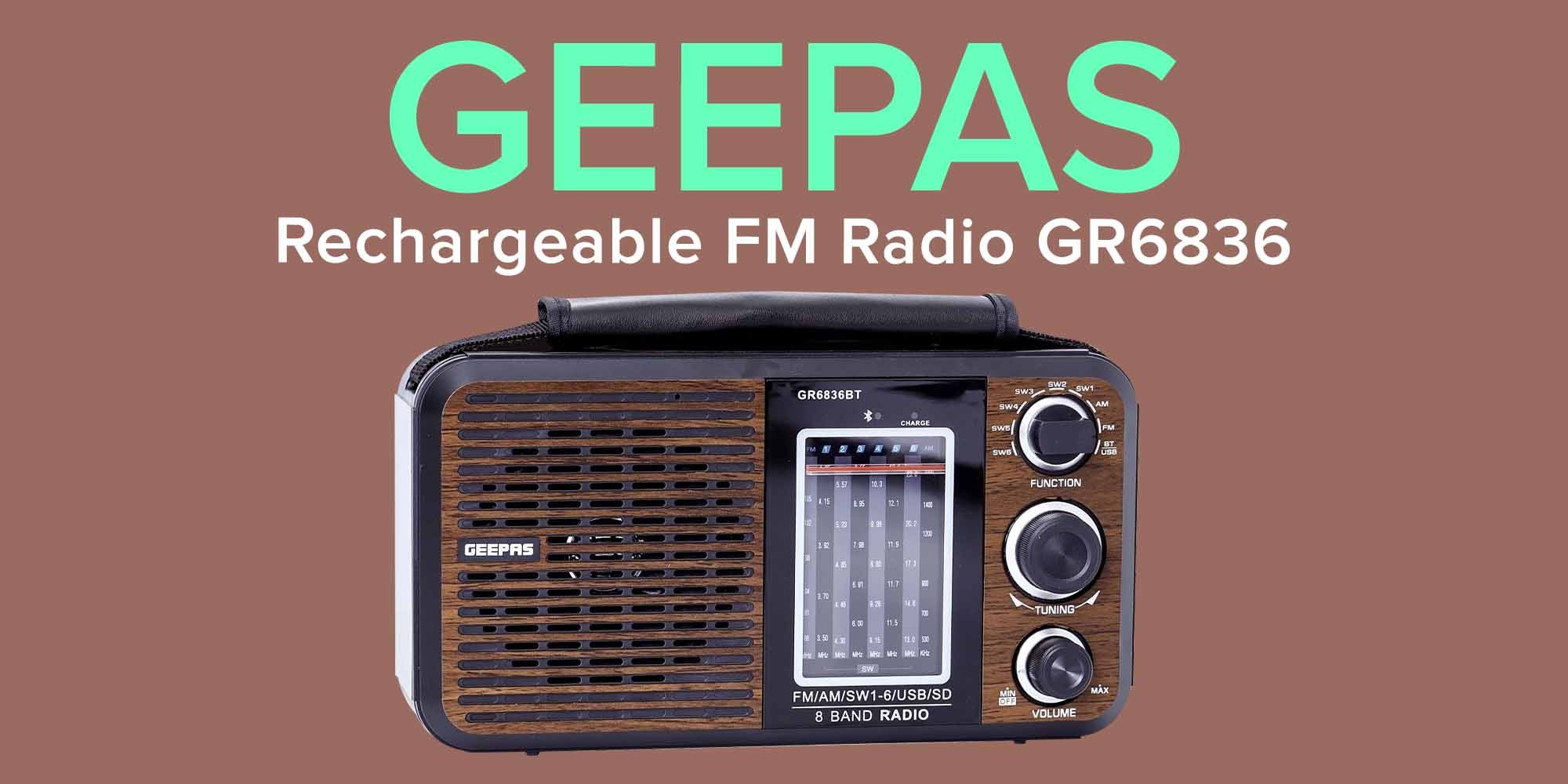 Rechargeable FM Radio, Large Capacity Battery, Perfectly Portable, Lightweight, Retro Style FM Radio, Strong And Stylish, Perfect Sound Quality, Multi Band GR6836BT Brown/Black
