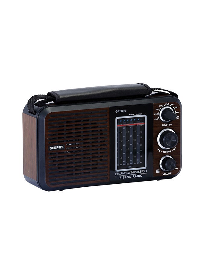Rechargeable FM Radio, Large Capacity Battery, Perfectly Portable, Lightweight, Retro Style FM Radio, Strong And Stylish, Perfect Sound Quality, Multi Band GR6836BT Brown/Black