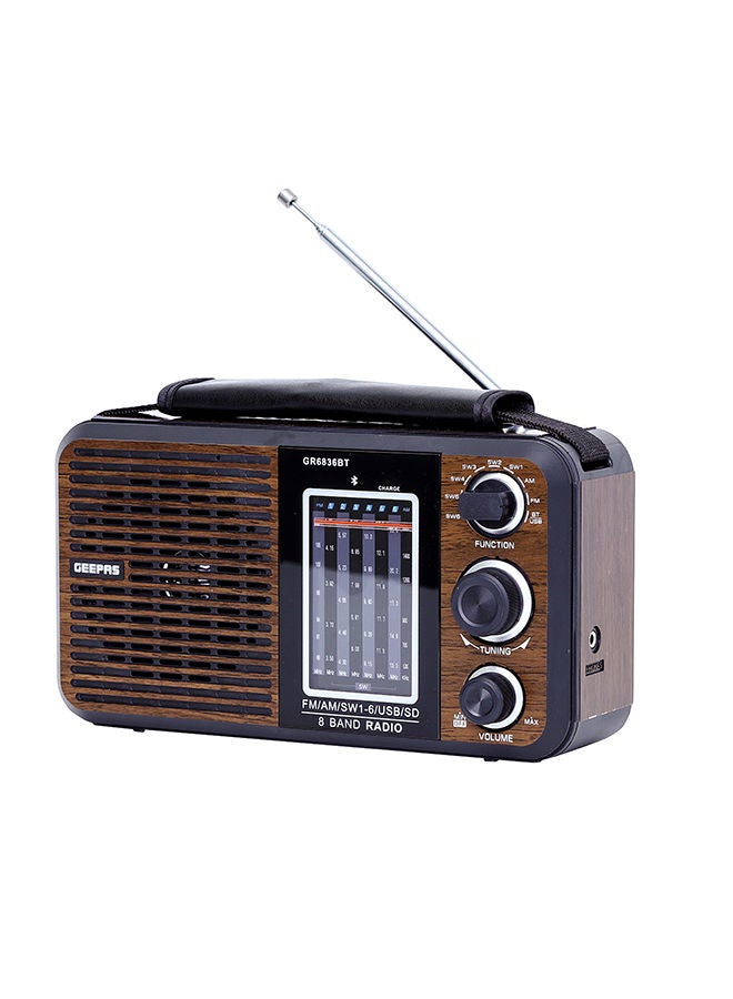 Rechargeable FM Radio, Large Capacity Battery, Perfectly Portable, Lightweight, Retro Style FM Radio, Strong And Stylish, Perfect Sound Quality, Multi Band GR6836BT Brown/Black