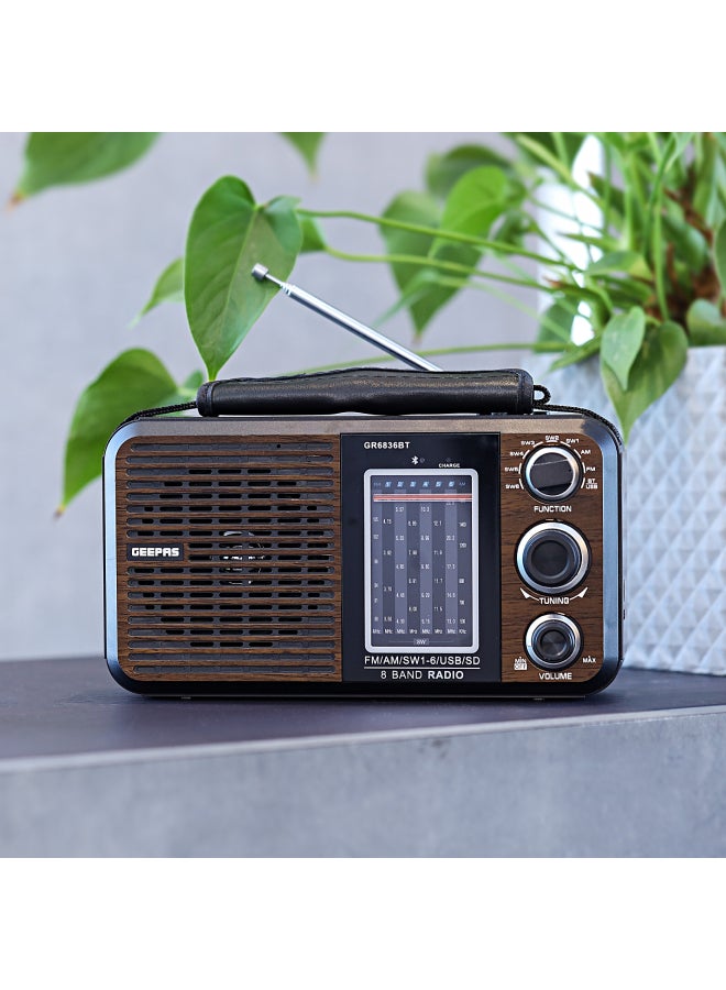Rechargeable FM Radio, Large Capacity Battery, Perfectly Portable, Lightweight, Retro Style FM Radio, Strong And Stylish, Perfect Sound Quality, Multi Band GR6836BT Brown/Black