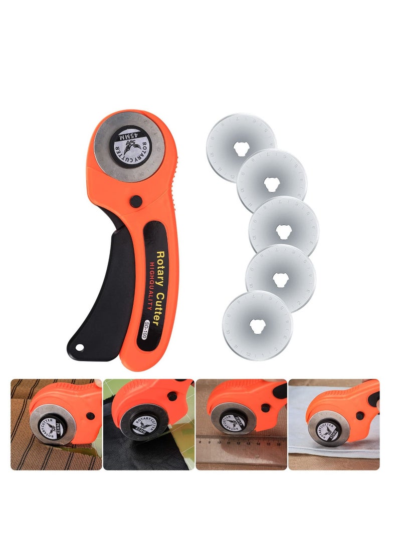 45mm Rotary Cutter, Rotary Fabric Cutter with 5pcs Extra Blades Ergonomic Handle Rolling Cutter with Safety Lock for Fabric, Leather, Crafting, Sewing, Quilting, for Left & Right Hand（Orange）