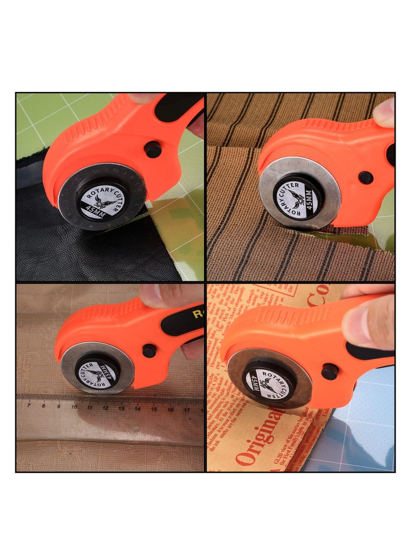 45mm Rotary Cutter, Rotary Fabric Cutter with 5pcs Extra Blades Ergonomic Handle Rolling Cutter with Safety Lock for Fabric, Leather, Crafting, Sewing, Quilting, for Left & Right Hand（Orange）