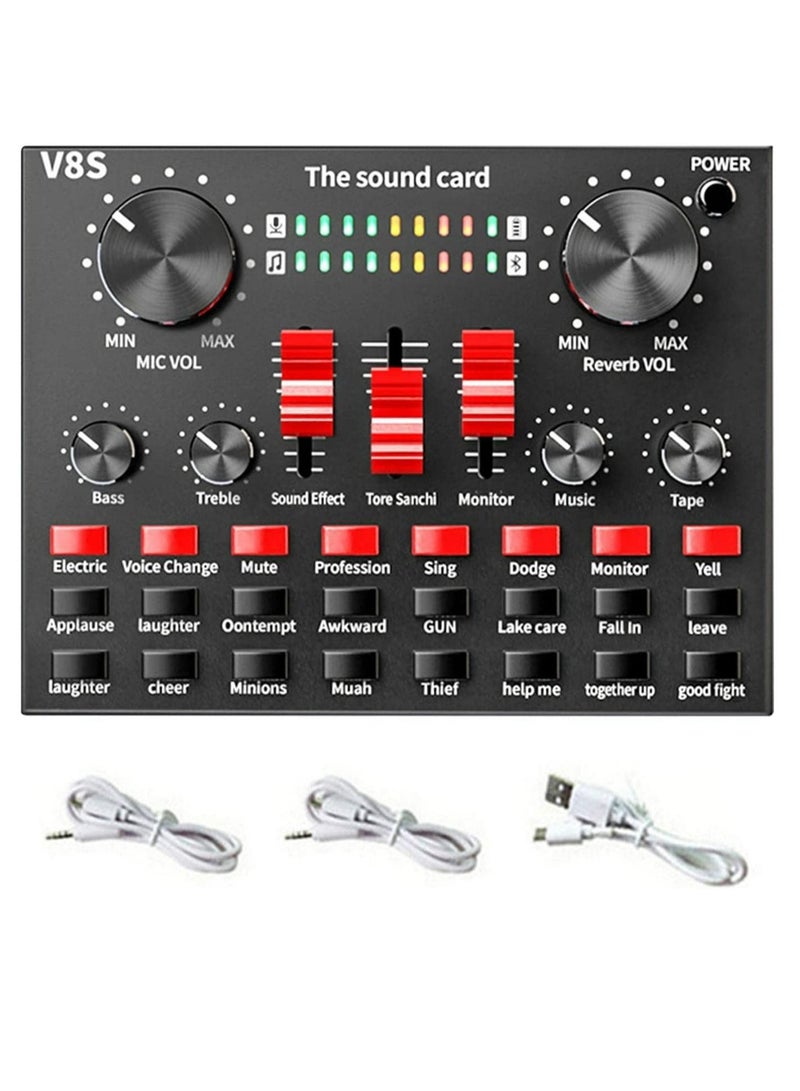 V8S Live Sound Card Bluetooth Sound Mixer Board 3.5mm Audio Interface Live Sound Card with 16 Sound Effects 6 Connecting Methods Dual DSP Noise Reduction Chip For Live Streaming Recording Game PC