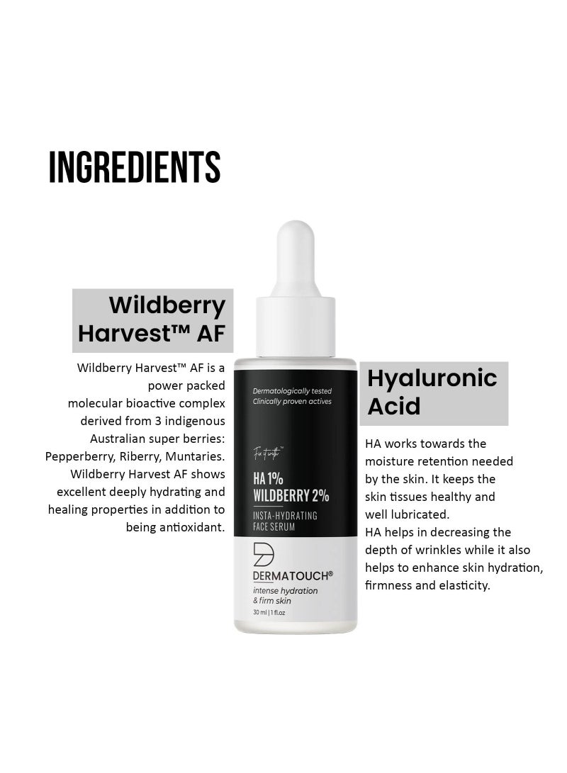 1% Hyaluronic Acid & 2% Wildberry Insta Hydrating Face Serum Helps In Retaining Moisture To Keep Skin Hydrated Improves The Elasticity Of Skin Promotes Radiant & Healthy Skin 30ml