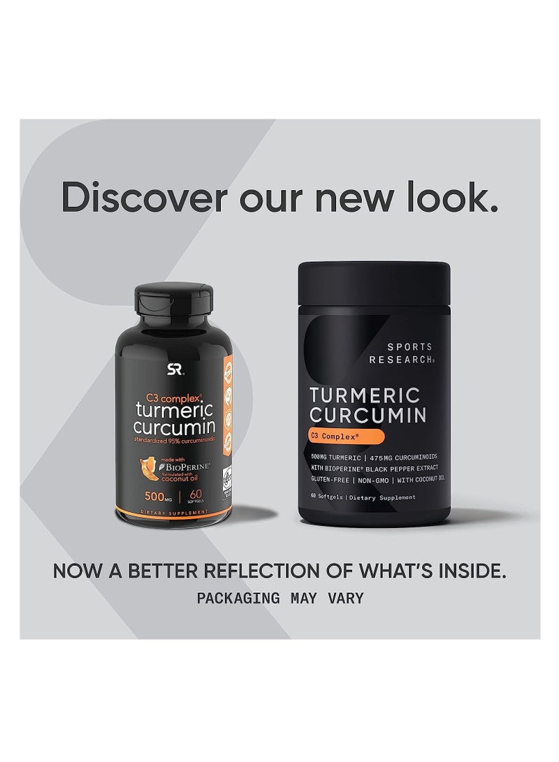 Sports Research Turmeric Curcumin C3 Complex 500mg with Black Pepper & Coconut Oil 60 Liquid Softgels