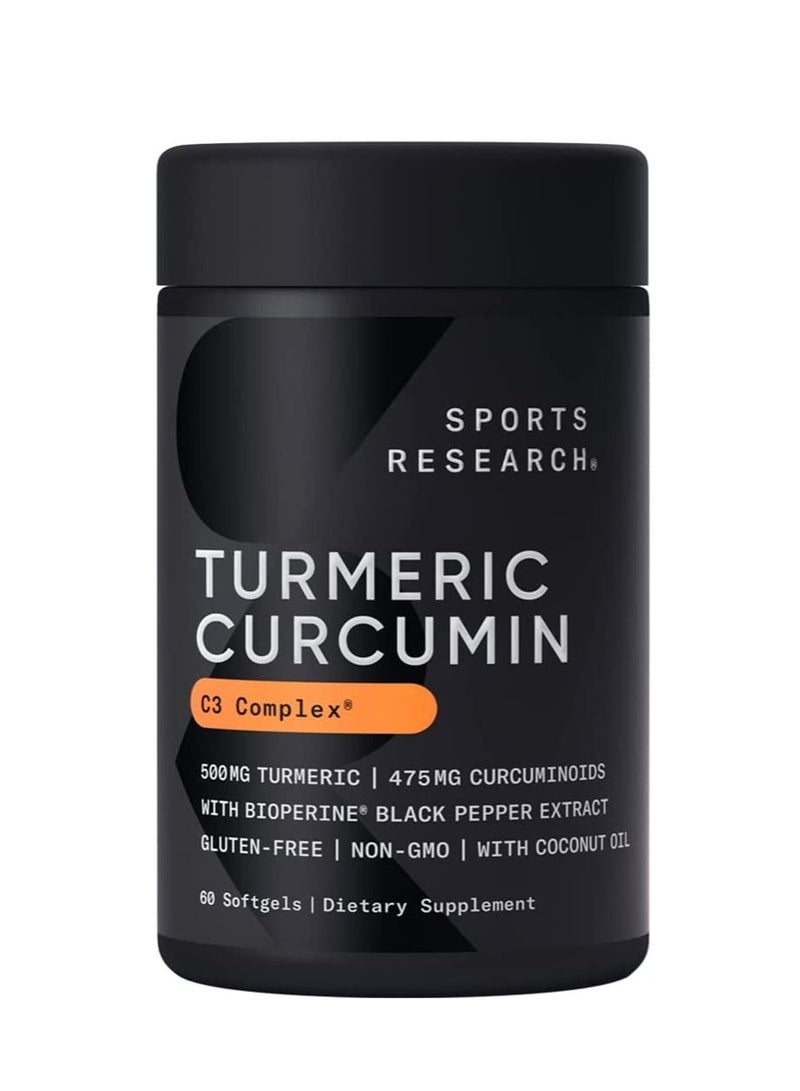 Sports Research Turmeric Curcumin C3 Complex 500mg with Black Pepper & Coconut Oil 60 Liquid Softgels
