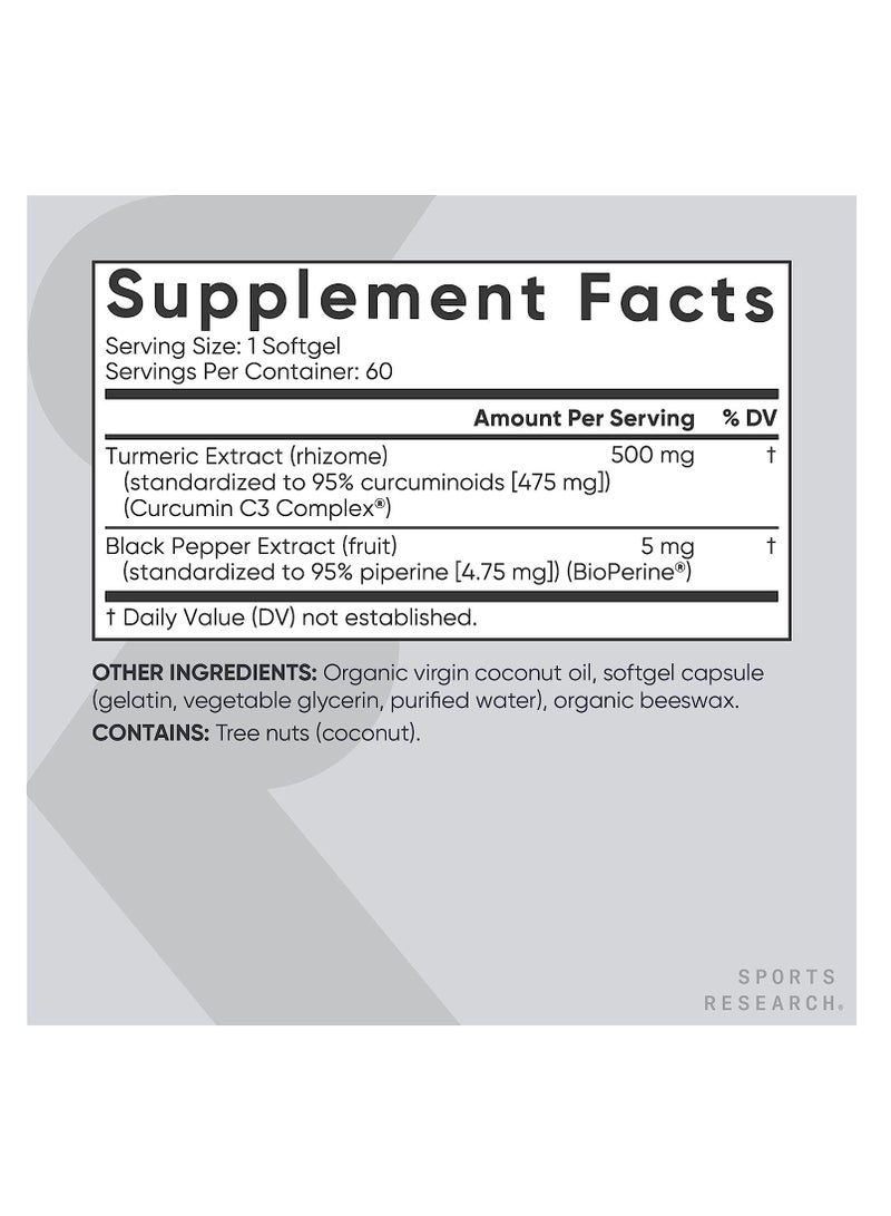 Sports Research Turmeric Curcumin C3 Complex 500mg with Black Pepper & Coconut Oil 60 Liquid Softgels