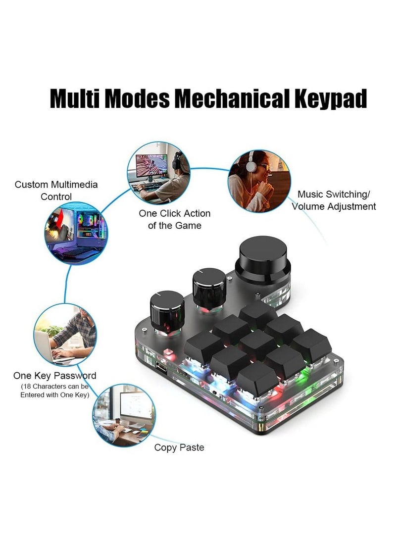 9-Keys USB Mini Macro Mechanical Gaming Keyboard, 3 Knobs One Handed USB PC Keypad, Full-RGB, Wired Mode Programmable Keys Support NKRO, Hotkeys, One-Click Start (Black-Wired -2nd Gen.)