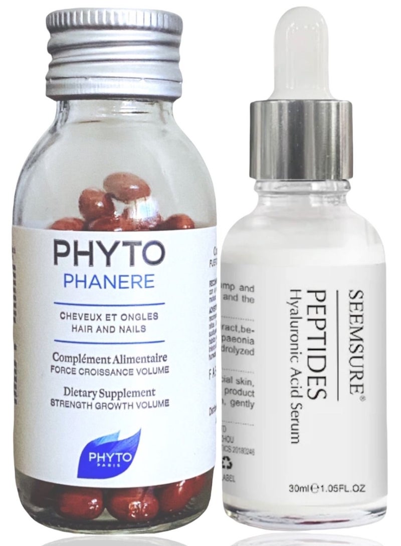 Hyaluronic acid serum plus Phyto ( For two months ) to maintains your skin soft and make your hair shiny and strong