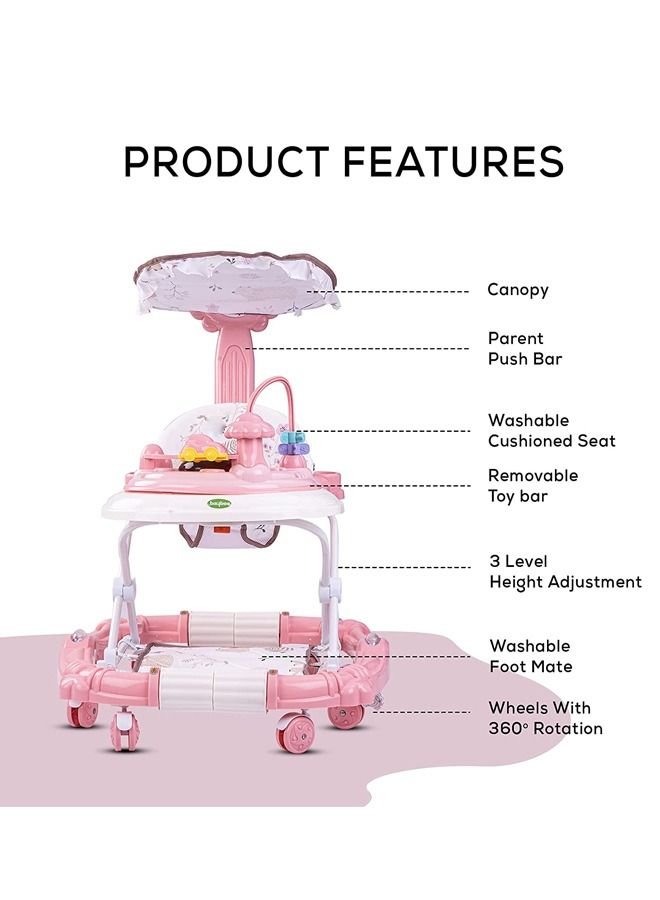 Baby Walker Rocker for Baby, Kids Walker with Adjustable Height, Foot Mat, Canopy & Musical Toy  Activity Walker for Toddlers Kids | Walker for Baby Boy Girl 6-18months (Pink)