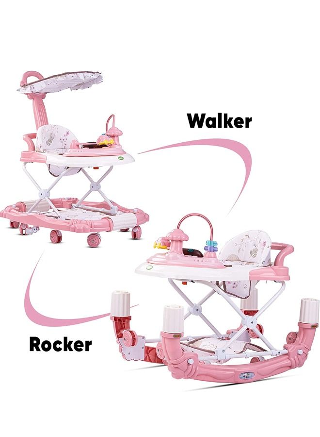 Baby Walker Rocker for Baby, Kids Walker with Adjustable Height, Foot Mat, Canopy & Musical Toy  Activity Walker for Toddlers Kids | Walker for Baby Boy Girl 6-18months (Pink)