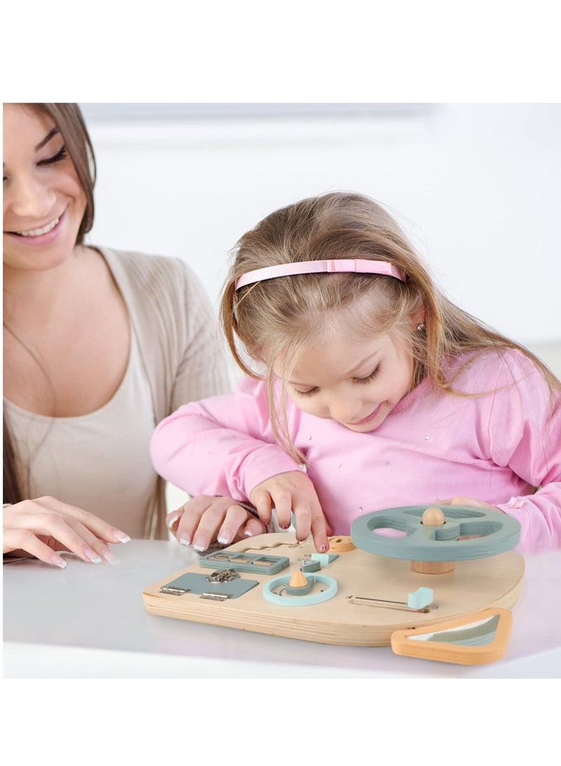 Toys Steering Wheel Wooden, Busy Board for Toddlers 1-3 Sensory Educational Activity to Learn Fine Motor Skill Travel