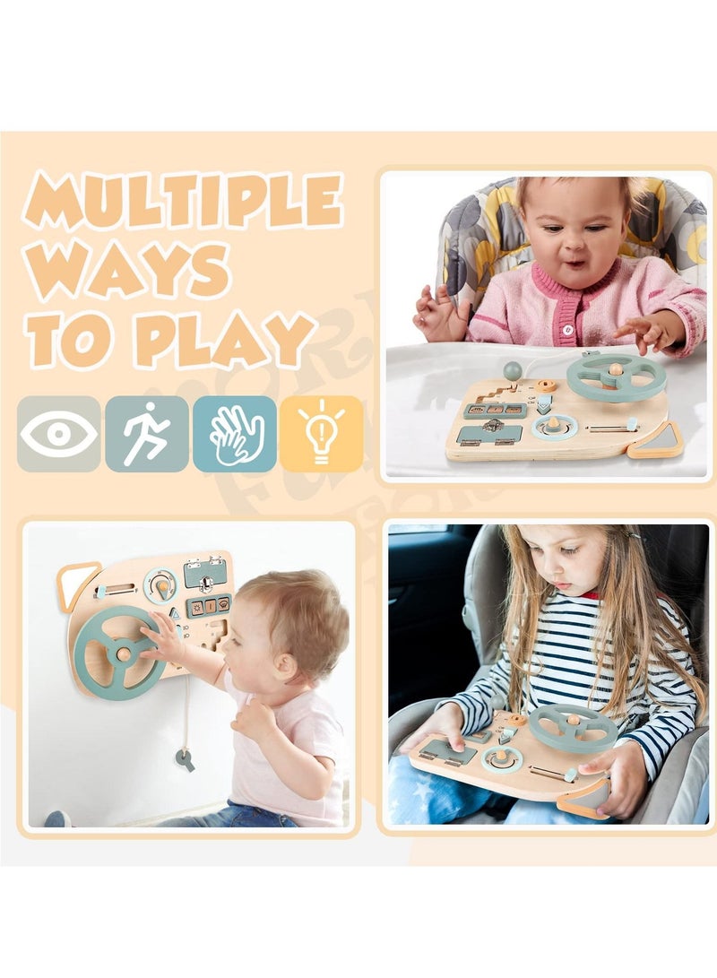 Toys Steering Wheel Wooden, Busy Board for Toddlers 1-3 Sensory Educational Activity to Learn Fine Motor Skill Travel
