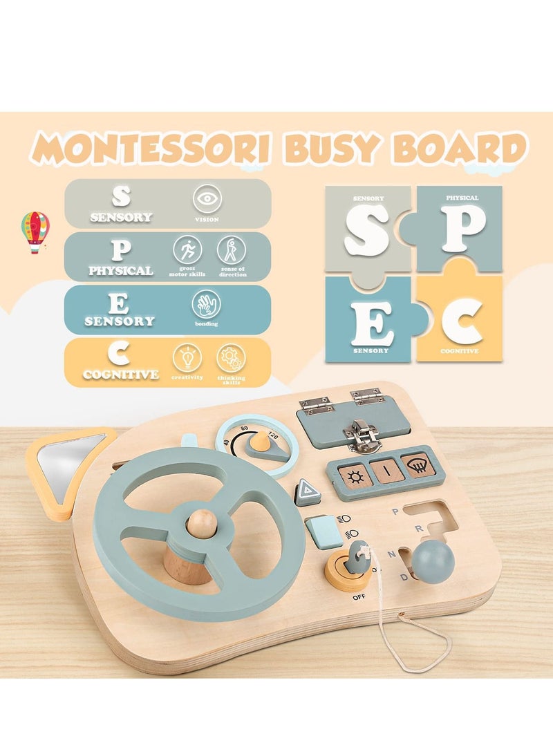 Toys Steering Wheel Wooden, Busy Board for Toddlers 1-3 Sensory Educational Activity to Learn Fine Motor Skill Travel