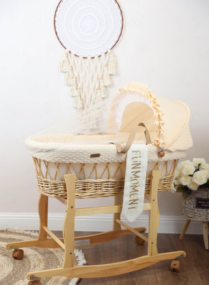 Moses Basket Beige Color With Wooden Stand On Wheels