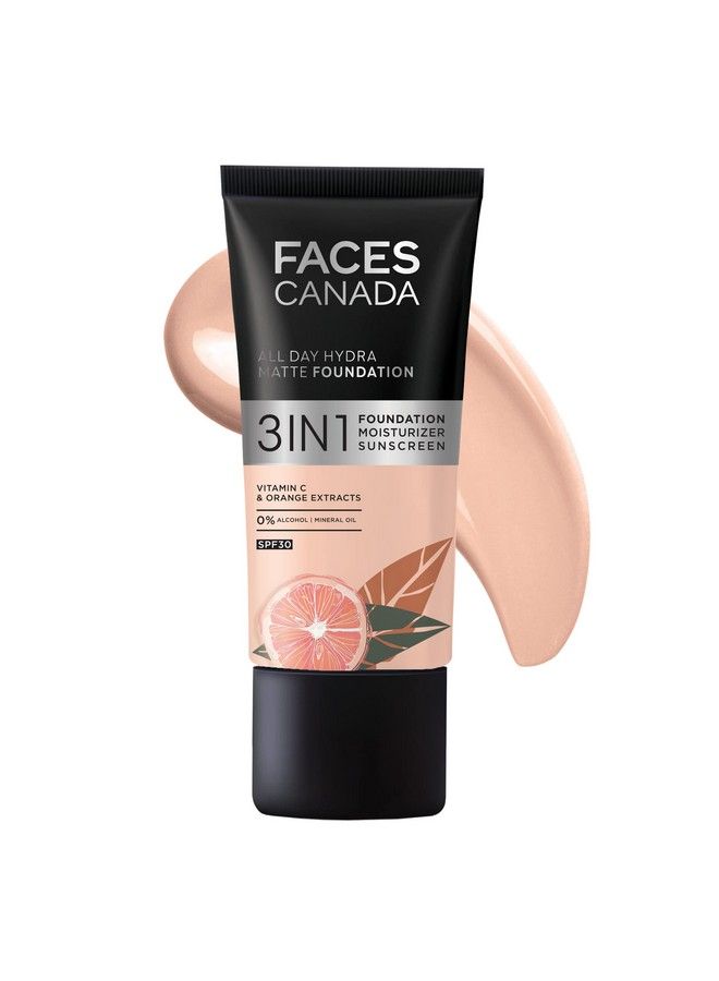 Faces Canada All Day Hydra Matte Foundation ; 3In1 Foundation + Moisturizer + Spf 30 ; 24 Hr Aloe Hydration & Vitamin C ; 10Hr Long Wear ; Medium To High Buildable Coverage ; Rose Ivory 011 ; 25Ml