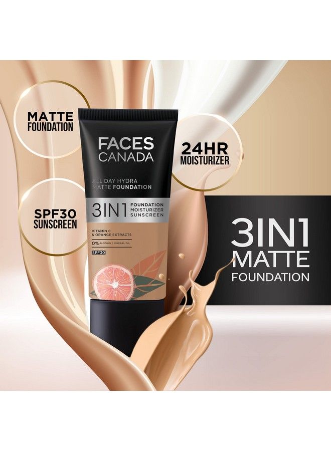 Faces Canada All Day Hydra Matte Foundation ; 3In1 Foundation + Moisturizer + Spf 30 ; 24 Hr Aloe Hydration & Vitamin C ; 10Hr Long Wear ; Medium To High Buildable Coverage ; Rose Ivory 011 ; 25Ml