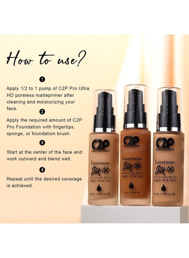 C2P Pro Luminous Silk Liquid Foundation For All Skin Types Enriched With Argan Oil & Vitamin E Full Coverage & Waterproof Covers Marks & Pigmentation (Fair 02 30 Ml)