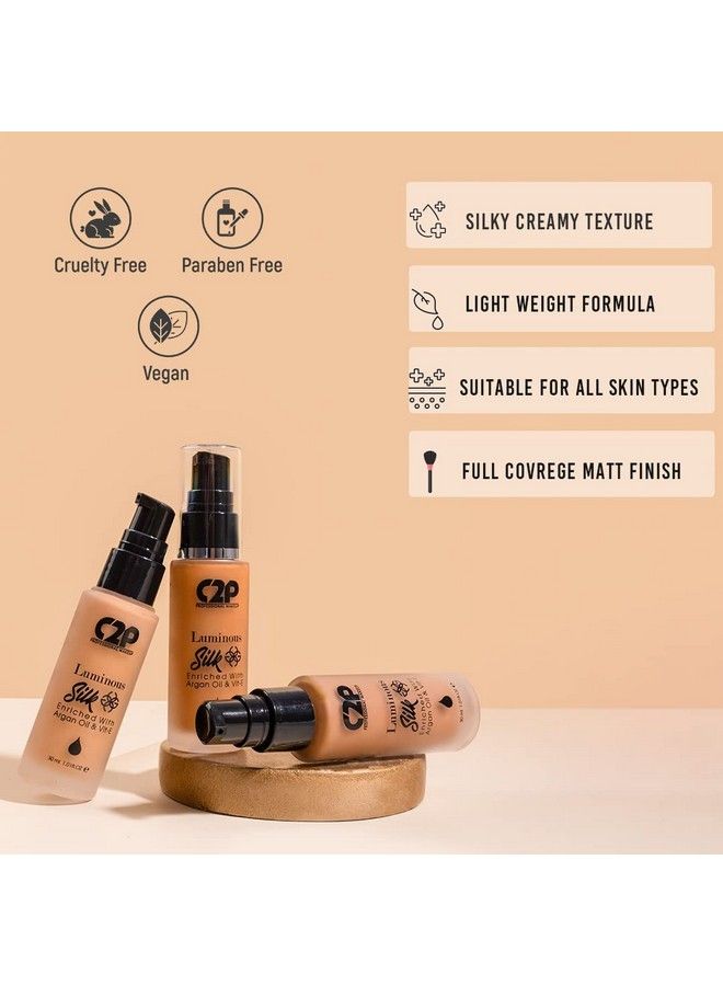 C2P Pro Luminous Silk Liquid Foundation For All Skin Types Enriched With Argan Oil & Vitamin E Full Coverage & Waterproof Covers Marks & Pigmentation (Fair 02 30 Ml)