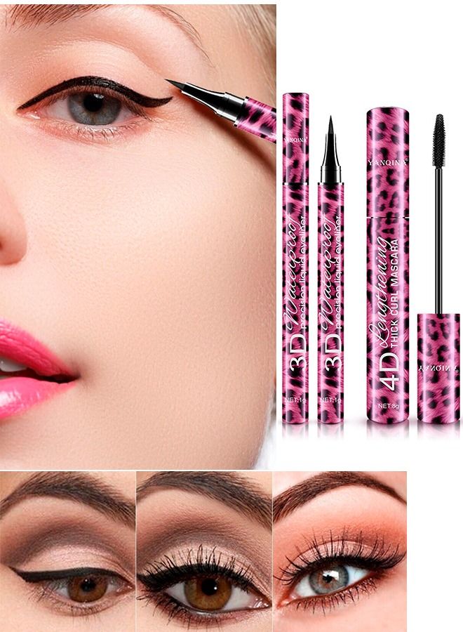 4D Silk Fiber Lash Mascara Long Lasting Waterproof Mascara Curly and Warped Mascara and Eyeliner 3D Set Black Durable Waterproof Eyeliner 2 in 1 set.