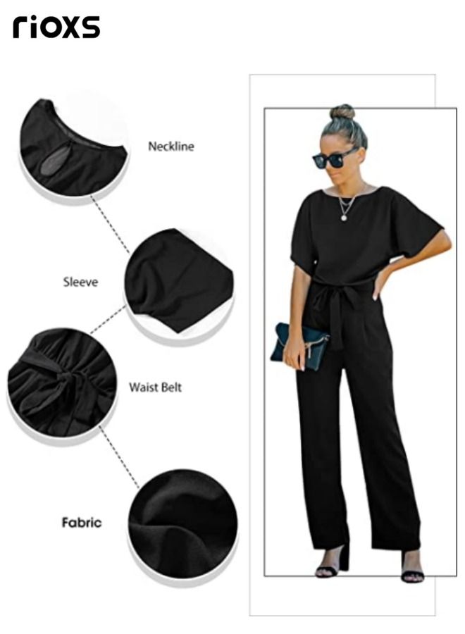 Womens Jumpsuit Short Sleeve Pants Suit For Women Belted Wide Leg Pants Romper Jumpsuit Business Casual One Piece Outfits For Party Daily Wear