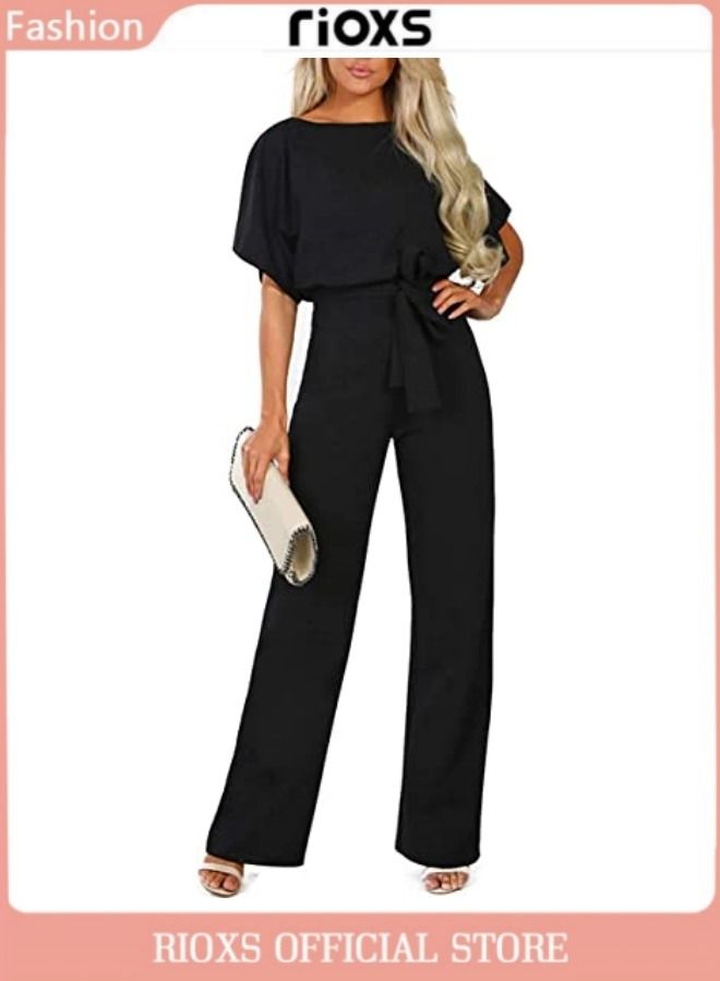 Womens Jumpsuit Short Sleeve Pants Suit For Women Belted Wide Leg Pants Romper Jumpsuit Business Casual One Piece Outfits For Party Daily Wear