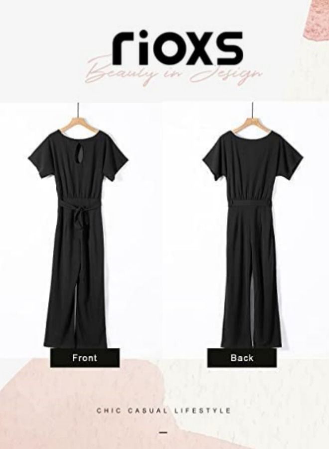 Womens Jumpsuit Short Sleeve Pants Suit For Women Belted Wide Leg Pants Romper Jumpsuit Business Casual One Piece Outfits For Party Daily Wear