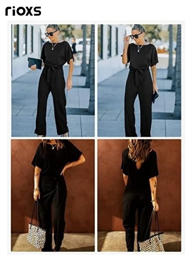 Womens Jumpsuit Short Sleeve Pants Suit For Women Belted Wide Leg Pants Romper Jumpsuit Business Casual One Piece Outfits For Party Daily Wear