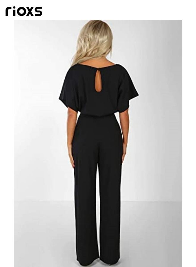 Womens Jumpsuit Short Sleeve Pants Suit For Women Belted Wide Leg Pants Romper Jumpsuit Business Casual One Piece Outfits For Party Daily Wear