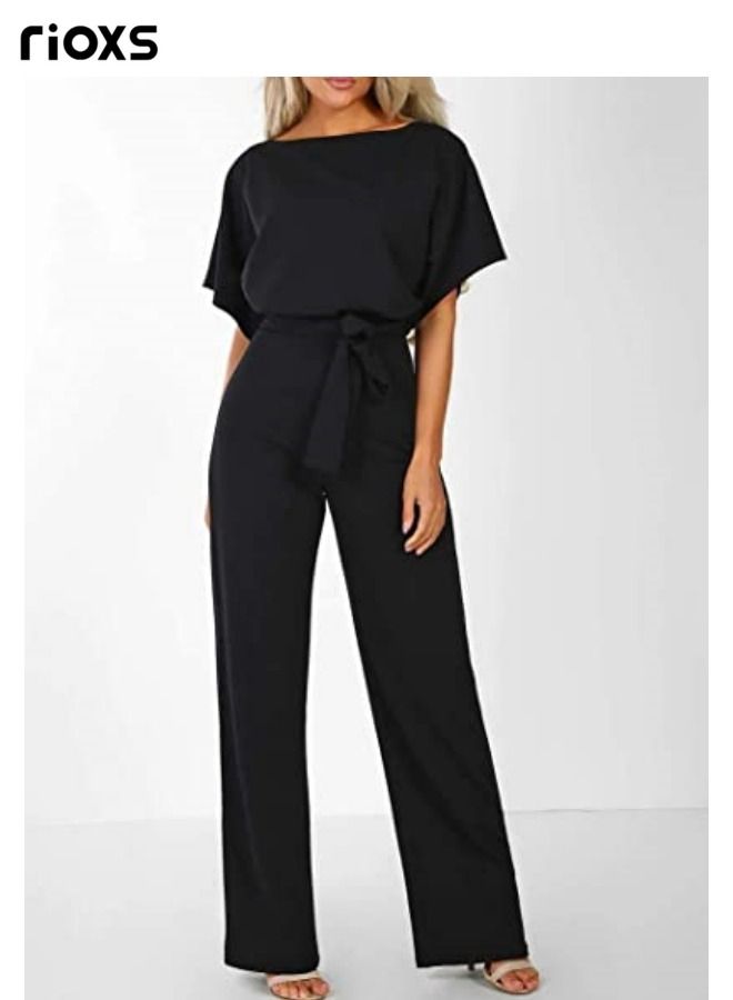 Womens Jumpsuit Short Sleeve Pants Suit For Women Belted Wide Leg Pants Romper Jumpsuit Business Casual One Piece Outfits For Party Daily Wear