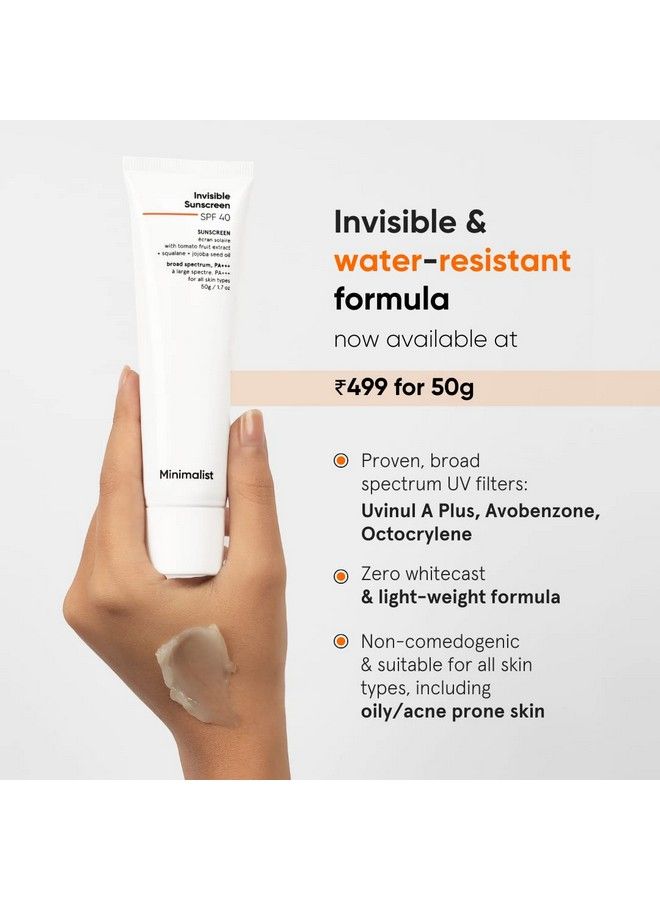 Spf 40 Water Resistant Invisible Sunscreen Gel ; Ultra Light Gel ; No White Cast ; Sweat Resistant ; Pa+++ ; With Tomato Extract Squalane And Jojoba Seed Oil ; For Women & Men ; 50 Gm