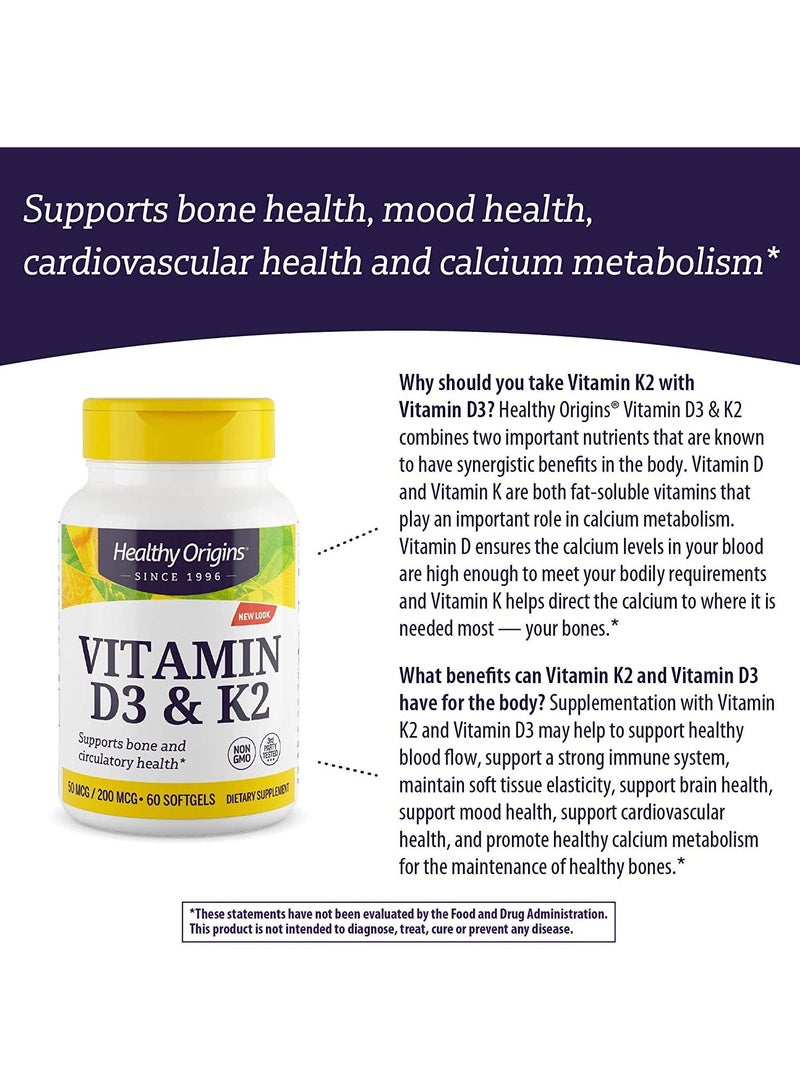 Vitamin D3 & K2 Supports Bone and Circulatory Health Dietary Supplement - 180 Softgels