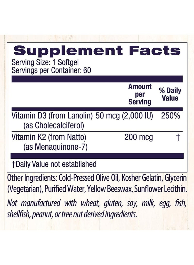 Vitamin D3 & K2 Supports Bone and Circulatory Health Dietary Supplement - 180 Softgels