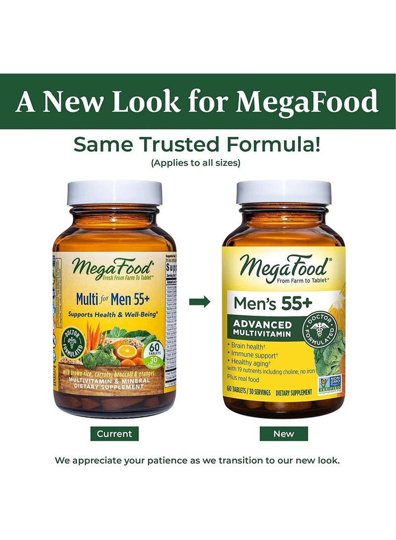 MegaFood Men's 55+ Advanced Multivitamin for Men - Brainhealth Immune Support Health Aging With 19 nutrients including choline,no iron plus real food - 120 Tablets /60 Servings