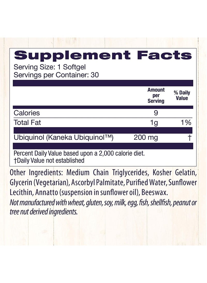 Ubiquinol Reduced, Active Antioxidant form of CoQ10 Dietary Supplement - 30 Softgels