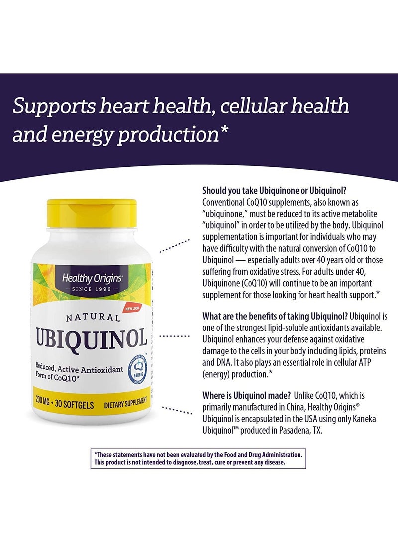 Ubiquinol Reduced, Active Antioxidant form of CoQ10 Dietary Supplement - 30 Softgels