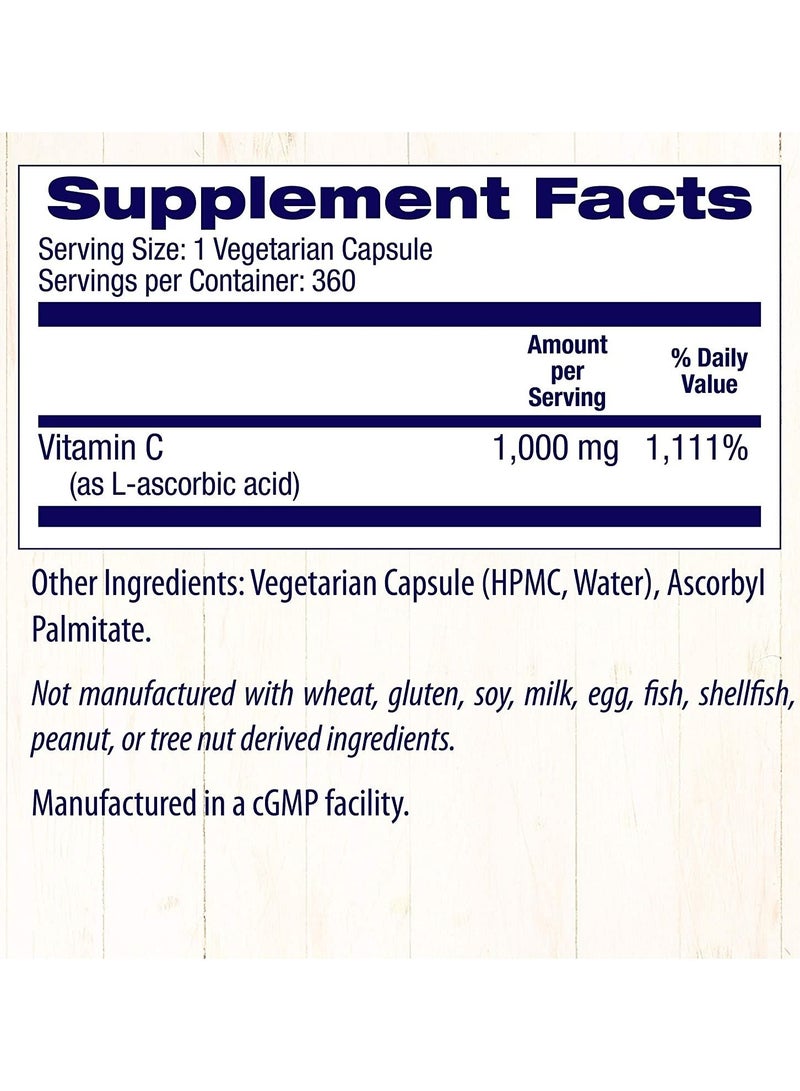 Vitamin C High Potency Supports a Healthy Immune System 1000mg Dietary Supplement - 360 Veggie Caps