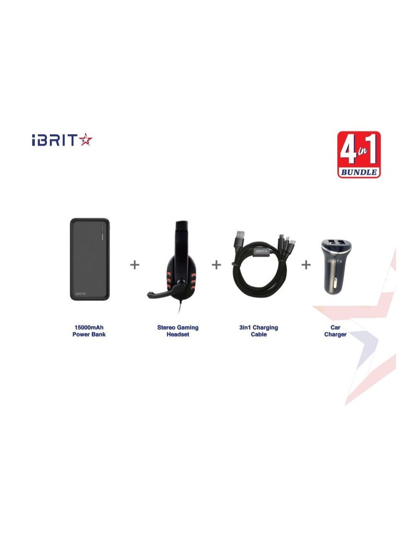 4 in 1 Bundle Combination of Stereo Headset 3 in 1  Micro USB Lightning Type C Cable Car Charger Power Bank