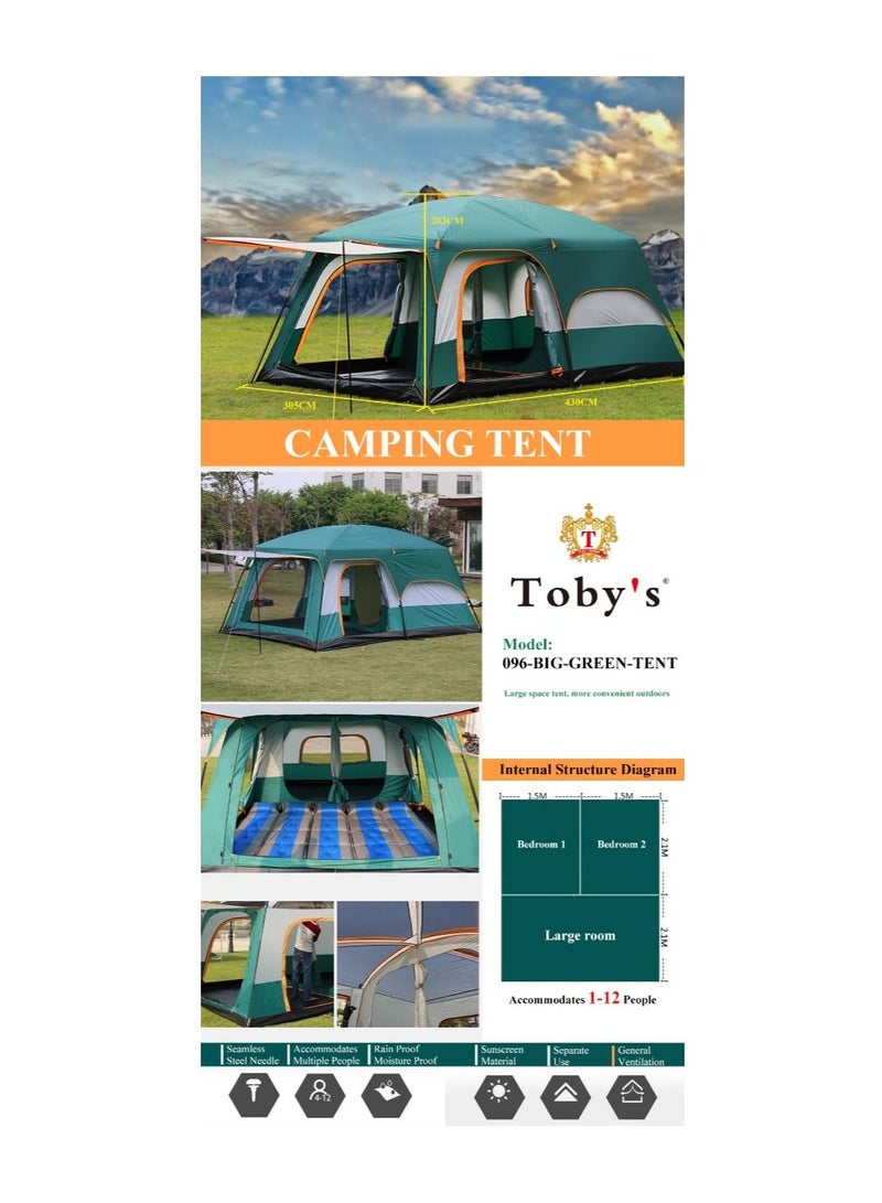 Toby's Camping Tent with 2 Extra Dark Sleeping Cabins for 5-12 Person Outdoor Double Layer Family Tent Waterproof Windproof Beach Tent Sun Shelter Dome Tent for Festivals Garden