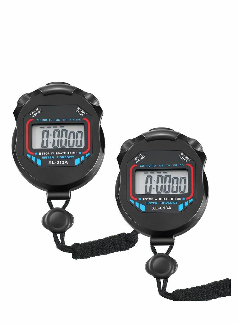 Digital Stopwatch Timers, 2Pcs Multi-Function Electronic Sport Timer, Water Resistant LCD Chronograph with Date, Time and Alarm Function for Sports Fitness Trainers Referees
