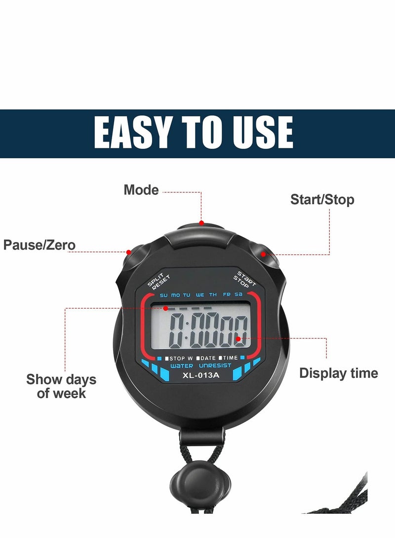 Digital Stopwatch Timers, 2Pcs Multi-Function Electronic Sport Timer, Water Resistant LCD Chronograph with Date, Time and Alarm Function for Sports Fitness Trainers Referees