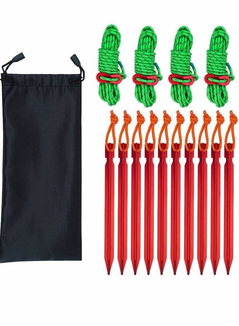 Aluminum Tent Stakes Pegs 10 Pack 7inch Outdoor Camping Stake and 4PC 4mm Reflective Guy Lines with Cord Adjustment Pouch Heavy Duty Lightweight