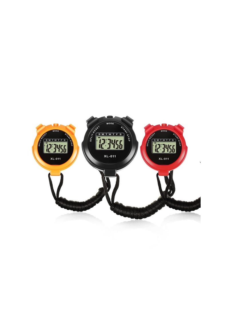 Sports Stopwatch Timer 3 Pieces, Multi-Function Sport Digital Stopwatch Large Display with Date Time and Alarm Function Shockproof Waterproof Sport Stopwatch for Swimming Running Sports Training