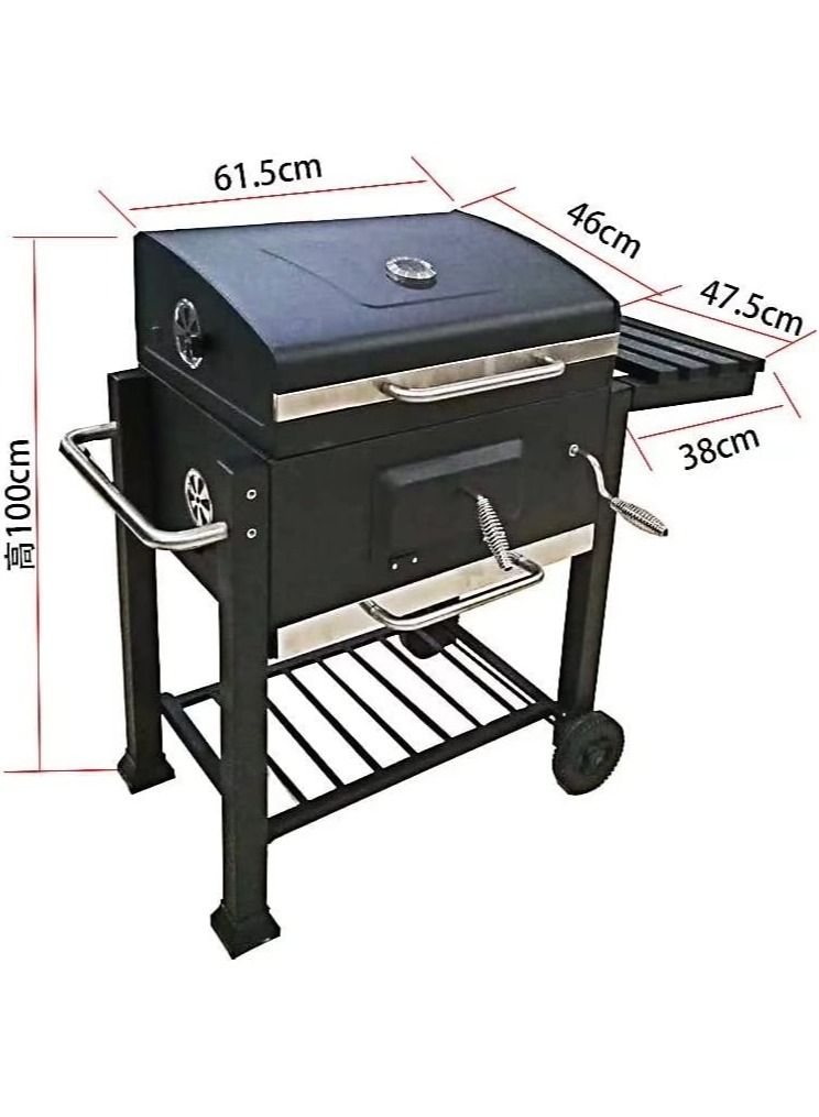 Trolley Charcoal Barbecue Grill A picnic BBQ Outdoor Patio Garden with Side Trays and Storage Shelf