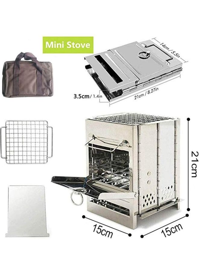 Portable Folding Stainless Steel Wood Burning Camping Stove with Bag, Net and Plate 21 x 15 x 15cm