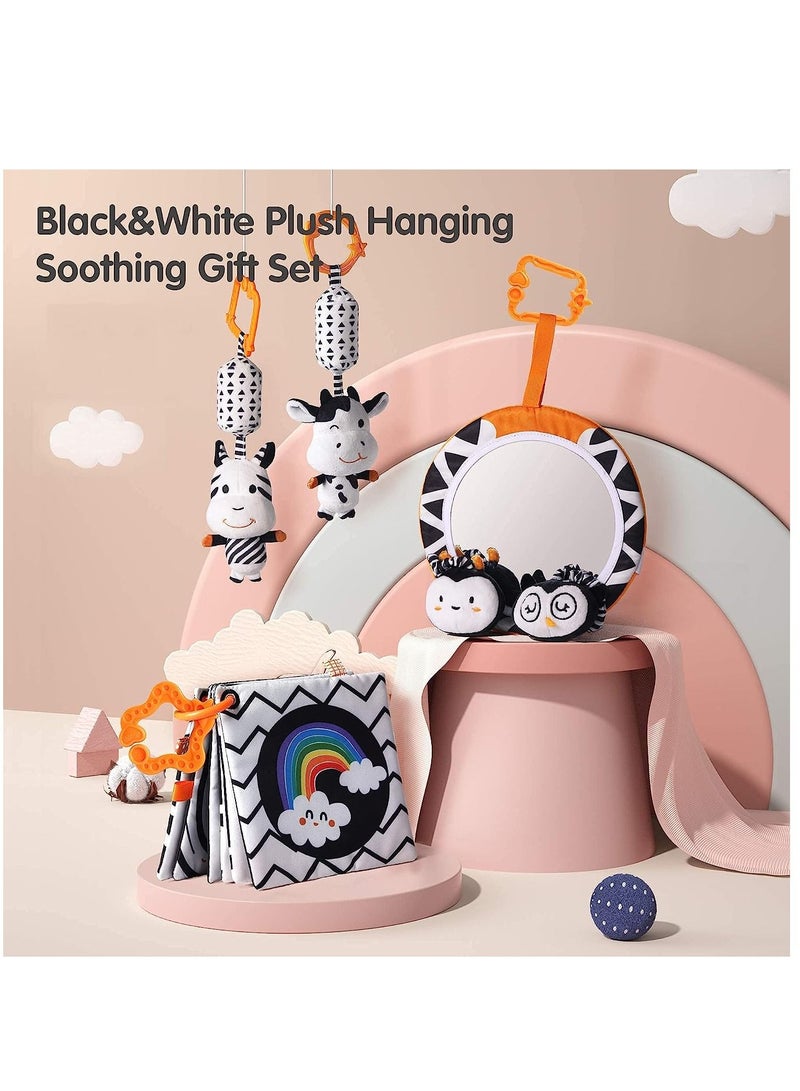 Baby Hanging Toys Gift Set Mirror Black and White Plush Rattles Rings and Crinkle Cloth Book for Pram Car Seat Activity Stroller Hanging Toy for 3 6 9 12 Months Newborn Boys Girls Kids (4 Pcs)