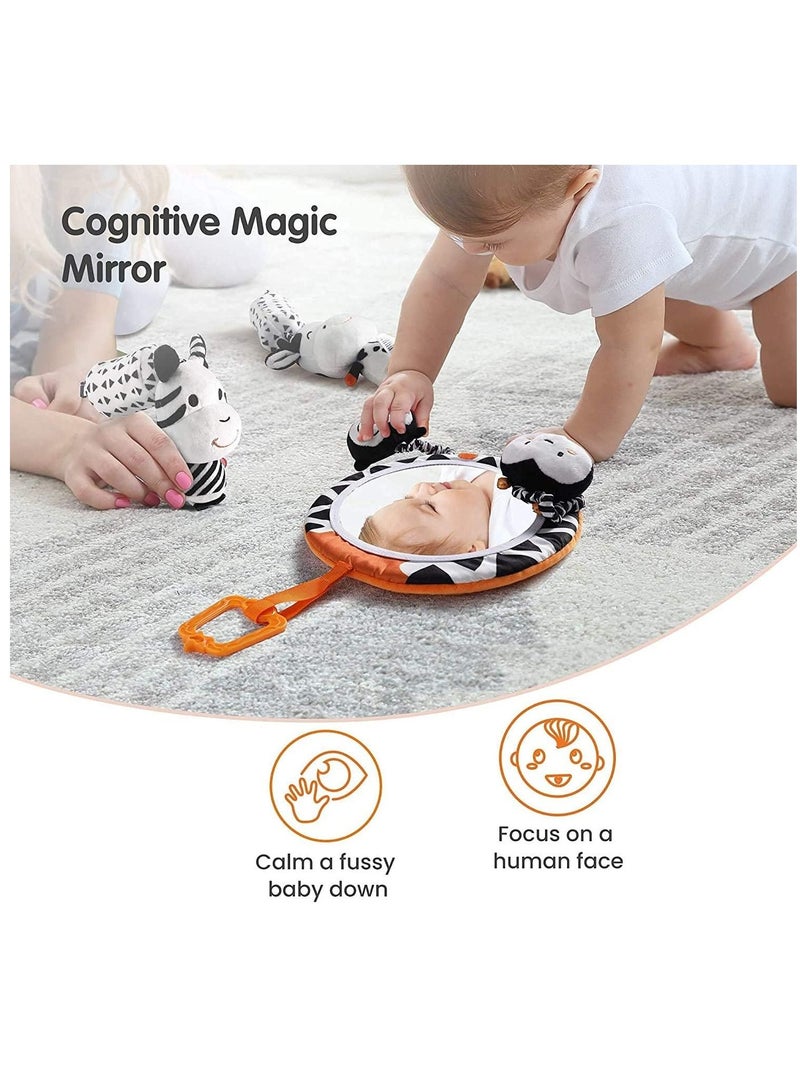 Baby Hanging Toys Gift Set Mirror Black and White Plush Rattles Rings and Crinkle Cloth Book for Pram Car Seat Activity Stroller Hanging Toy for 3 6 9 12 Months Newborn Boys Girls Kids (4 Pcs)