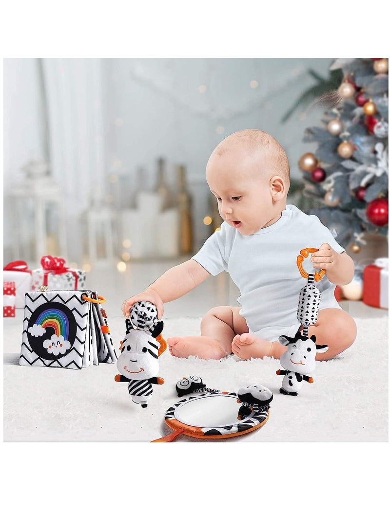 Baby Hanging Toys Gift Set Mirror Black and White Plush Rattles Rings and Crinkle Cloth Book for Pram Car Seat Activity Stroller Hanging Toy for 3 6 9 12 Months Newborn Boys Girls Kids (4 Pcs)