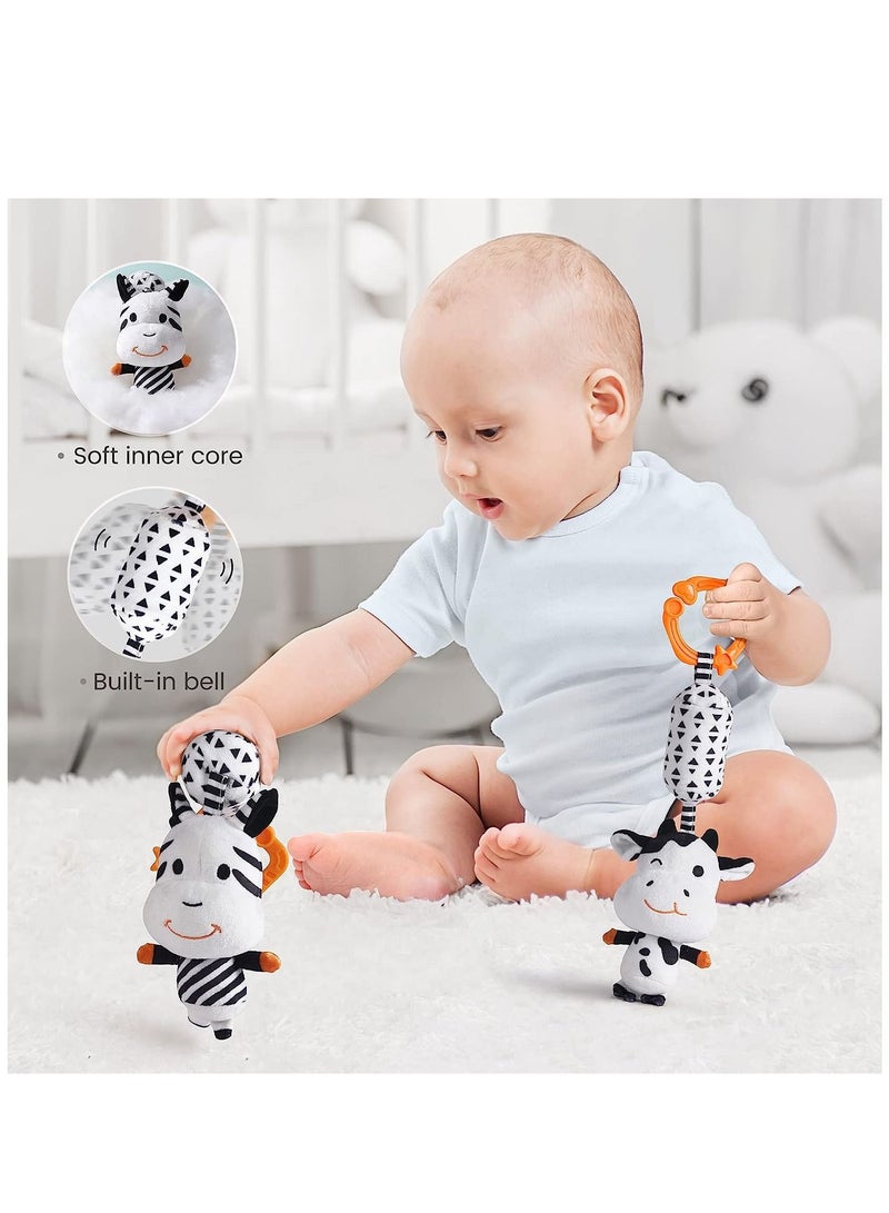 Baby Hanging Toys Gift Set Mirror Black and White Plush Rattles Rings and Crinkle Cloth Book for Pram Car Seat Activity Stroller Hanging Toy for 3 6 9 12 Months Newborn Boys Girls Kids (4 Pcs)