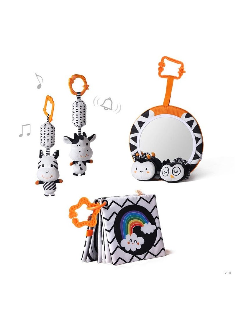 Baby Hanging Toys Gift Set Mirror Black and White Plush Rattles Rings and Crinkle Cloth Book for Pram Car Seat Activity Stroller Hanging Toy for 3 6 9 12 Months Newborn Boys Girls Kids (4 Pcs)